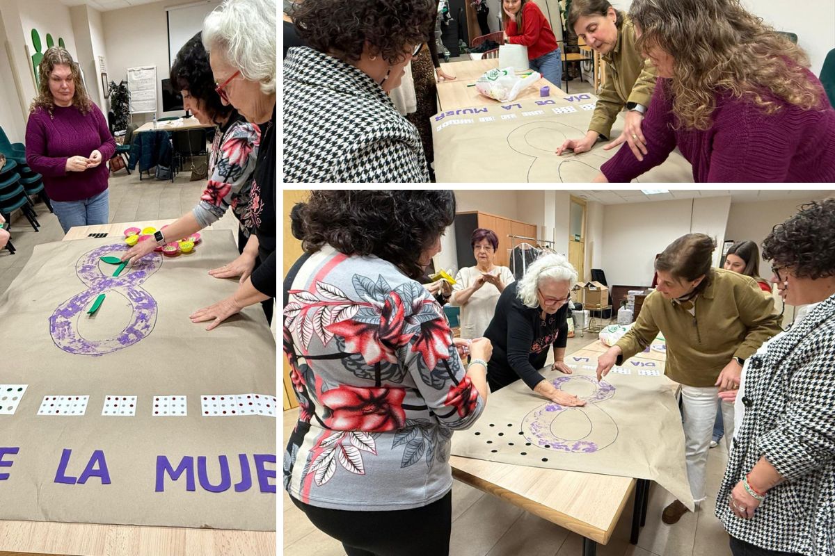 Collage de las participantes realizando el mural