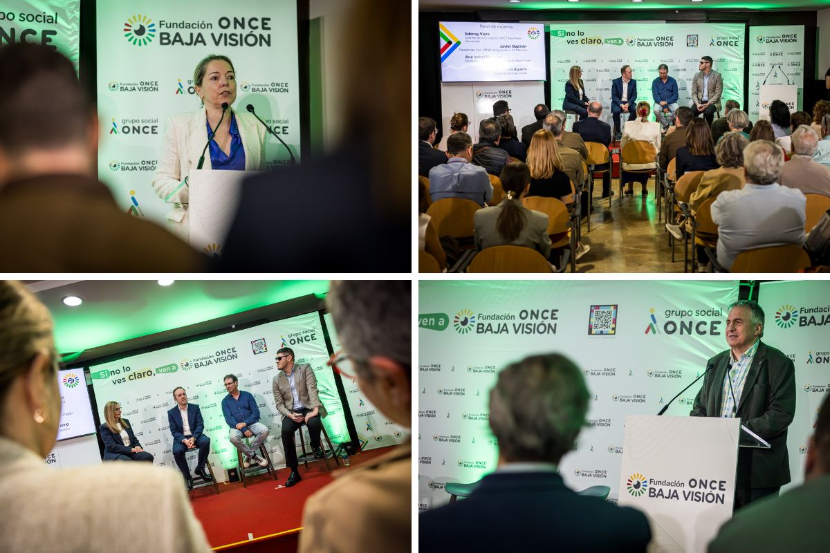 Collage de diferentes momentos de la presentación de la Fundación ONCE Baja Visión en Castilla-La Mancha