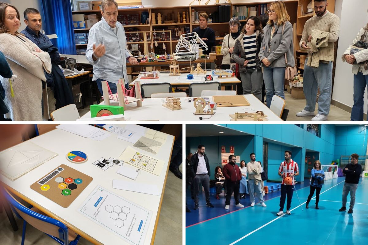 Equipo de servicios sociales de Castilla-La Mancha con los profesores del CRE viendo materiales didácticos
