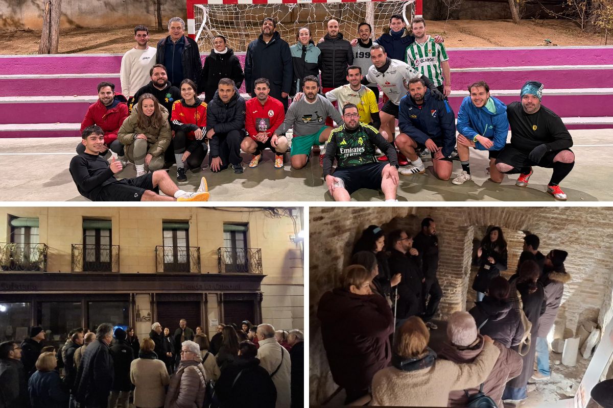 En la parte superior, participantes del partido de fútbol posando delante de una portería. En la parte inferior, dos imágenes de la visita nocturna de Toledo