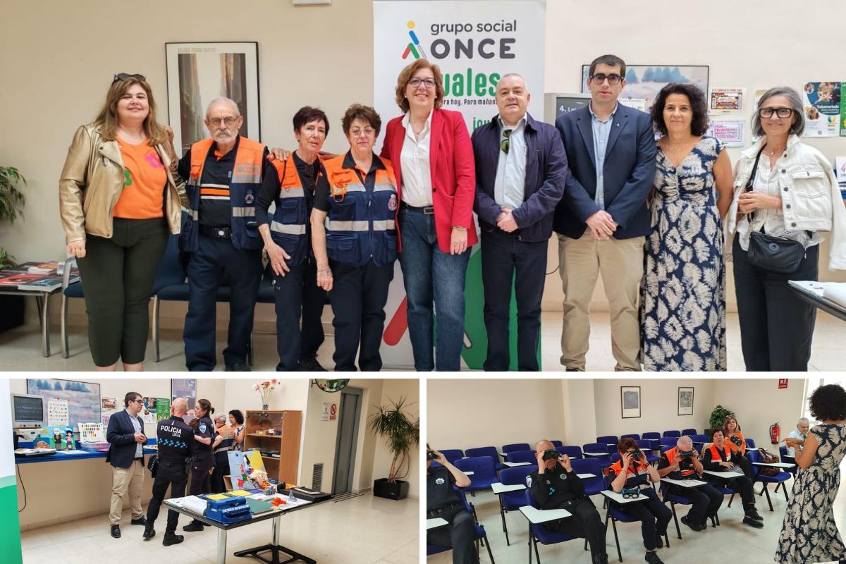 Collage de la jornada de formación en la que se ve a los miembros de la policía local y los voluntarios junto a representantes de la ONCE